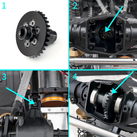 Collage showing Beefy Steel Front Or Rear Spiral Cut Differential Ring And Pinion Gear Set 32T And 9T for Axial SCX6 upgrades