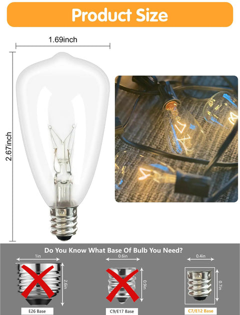 ST35 Edison Clear Bulbs 5W 120V Replacement For C7 E12 Screw Bases indoor outdoor patio string lights size guide