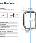 Specifications for glass shower door handle for sliding frameless doors in brushed nickel finish with measurements and materials.