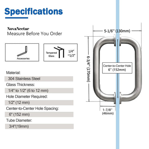 Specifications for glass shower door handle for sliding frameless doors in brushed nickel finish with measurements and materials.