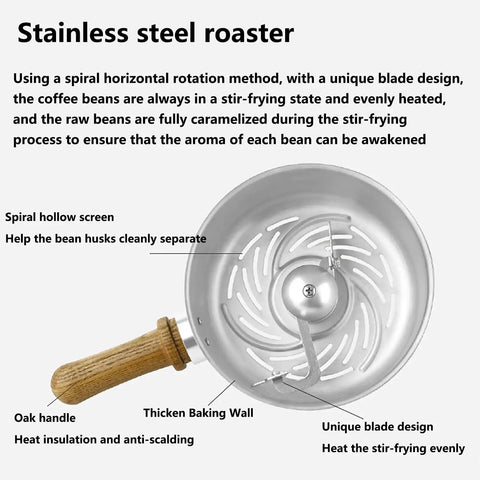 Stainless steel interior of Next Level Automatic Home Coffee Bean Roaster Retro Electric Roasting Machine with oak handle.