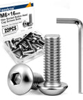 22 Piece M6 X 16MM 304 Stainless Steel Button Head Socket Cap Screws Full Thread Rustproof Heavy Duty Machine Fasteners set with hex wrench.
