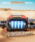 Front view: ETENWOLF VORTEX S6 portable tire inflator with orange body and visible blue battery cells