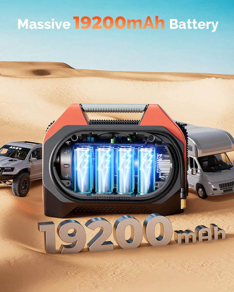 Front view: ETENWOLF VORTEX S6 portable tire inflator with orange body and visible blue battery cells
