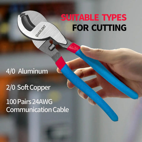 Heavy Duty 10 Inch Cable Cutter With High Leverage Handles Designed For Thick Copper Wire And Communication Cables Built From Rust Resistant Steel, cutting aluminum and copper.