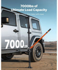 60-inch orange farm jack with 7000 lb capacity for off-road vehicle lifting, shown beside a Jeep.