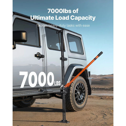 60-inch orange farm jack with 7000 lb capacity for off-road vehicle lifting, shown beside a Jeep.