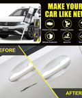 Volkswagen Touch Up Paint Kit Opal White And Oryx White Exact Color Match 2 In 1 Scratch Repair showing before and after on car door