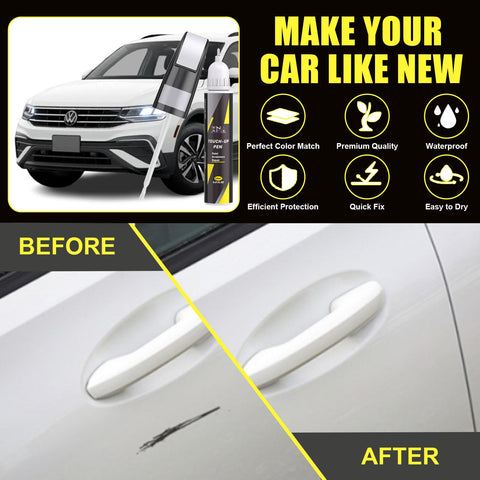 Volkswagen Touch Up Paint Kit Opal White And Oryx White Exact Color Match 2 In 1 Scratch Repair showing before and after on car door