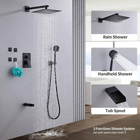 Top Tier Slick Matte Black Wall Mounted Shower And Tub Faucet Set With 8 Inch Widespread Bathtub Filler And Rainfall Showerhead Plus Handheld Sprayer For A Sweet Modern Bathroom Setup