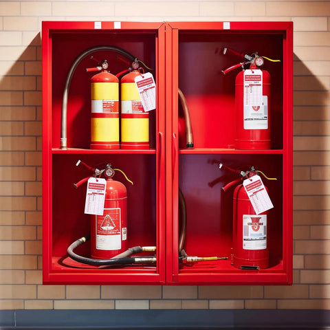 Bulk Fire Extinguisher Inspection Tags Kit With 200 Tags, 200 Adjustable Zip Ties, And 200 Monthly And Annual Safety Tags displayed on fire extinguishers in a red cabinet.
