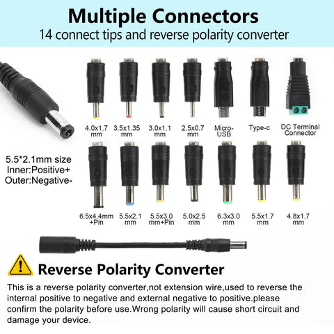 Multiple connectors for Dope Adjustable 3V To 24V DC Power Supply 3A 72W Universal AC DC Adapter with reverse polarity converter.