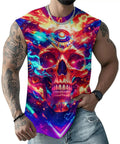 Men's Big And Tall 3D Flame Skull Graphic Tank Top Sleeveless Summer Muscle Tee on model, vibrant design, lightweight polyester material.