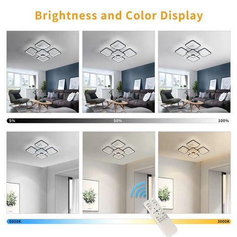 Five Heads Square LED Ceiling Light With Remote Dimmer And Memory Function 3000K To 6000K Dimmable demonstration with remote