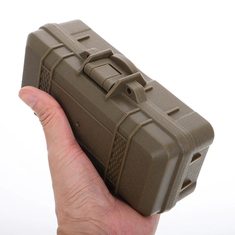 Tough As Nails Heavy Duty Plastic Toolbox With Interlocking Stackable Design And Thick Three Layer Foam Cushioning For Job Site Ready Water Resistant Gear Storage And Drop Safe Protection held in hand.
