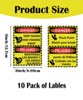 Bilingual Danger Pinch Point Watch Your Hands Sticker Set, each 5x3.5 inches, shows English and Spanish hazard warnings.