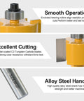 Badass One Piece Half Inch Shank Rabbet Router Bit With Interchangeable Bearings For Killer Finishes And Precision Woodworking Craftsmanship Using Handheld Or Table Routers close-up showing enclosed bearing rollers and carbide blades.