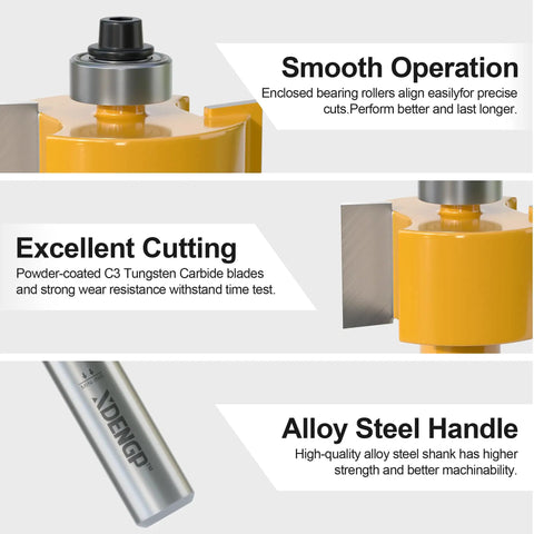 Badass One Piece Half Inch Shank Rabbet Router Bit With Interchangeable Bearings For Killer Finishes And Precision Woodworking Craftsmanship Using Handheld Or Table Routers close-up showing enclosed bearing rollers and carbide blades.