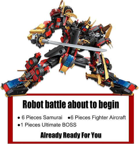 12 In 1 Transforming Mecha Robot Building Set For Adults And Kids with assembled mech warrior in action pose