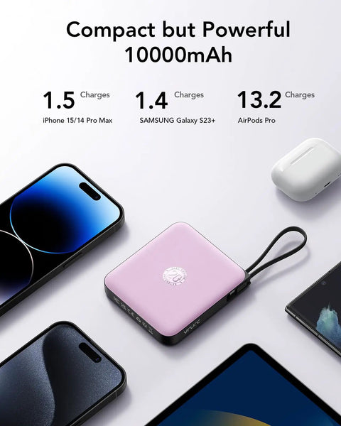 Keep Your Gadgets Juiced 10000mAh Power Bank With Four Built In Cables Fast Charging Portable Battery Pack For Smartphones And Tablets Lightweight Travel Charger In Bold Purple with mobile devices around.