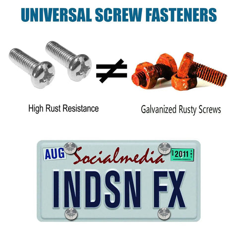 Carbon Fiber Pattern License Plate Screws Kit With Plastic Caps For Front And Rear Car Tags Self Tapping M6 Bolts Easy Install Durable Hardware For Secure Clean Look On Your Ride, featuring rust-resistant screws versus rusty ones with license plate example.