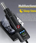 550W 2-In-1 Hot Air Rework Station With LCD Display, showing auto sleep standby, on sleep stand with nozzle