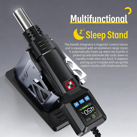 550W 2-In-1 Hot Air Rework Station With LCD Display, showing auto sleep standby, on sleep stand with nozzle
