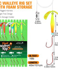 Crawler Harness Walleye Rigs With Dual Wing Blade Inline Float Glow Beads Fluorocarbon Worm Harness Size 2 Red Octopus Hooks Slow Troll 0.25 MPH 7 Pack on foam board.