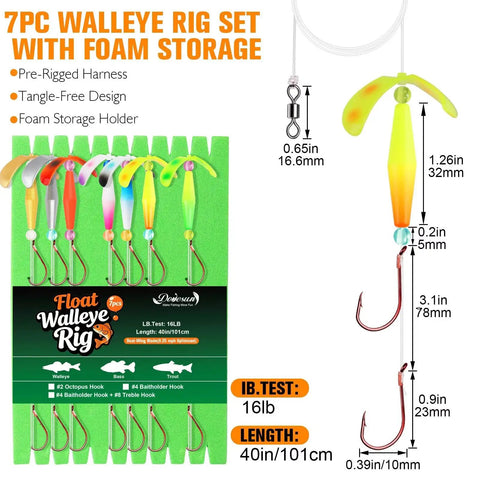 Crawler Harness Walleye Rigs With Dual Wing Blade Inline Float Glow Beads Fluorocarbon Worm Harness Size 2 Red Octopus Hooks Slow Troll 0.25 MPH 7 Pack on foam board.