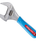 Six Inch WideAzz Adjustable Wrench with beefy 75 percent wider jaws, laser engraved scales, blue grip, precise knurling for tight spaces