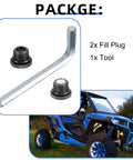 Front Gearcase Fill Plug For Ranger RZR General Sportsman And Scrambler UTVs Easy Front Diff Plug Upgrade For 500 550 570 800 850 900 1000 HST RS1 Models, includes two plugs and tool displayed with UTV