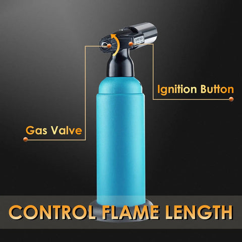 Big Butane Torch With Adjustable Double Flames Refillable Blow Torch For Soldering Welding Baking DIY Crafts Industrial Grade Sturdy Brass Nozzle Gas Not Included Continuous Six Inch Flame Up To 2500 Degrees Fahrenheit with ignition button and gas valve on a black background.