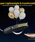 Two Pack Rugged Rechargeable LED Headlamp With 230 Degree COB lifting upward tied to balloons, showing lightweight design.