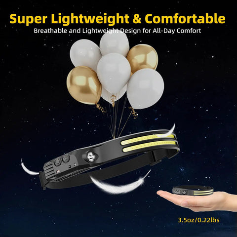 Two Pack Rugged Rechargeable LED Headlamp With 230 Degree COB lifting upward tied to balloons, showing lightweight design.