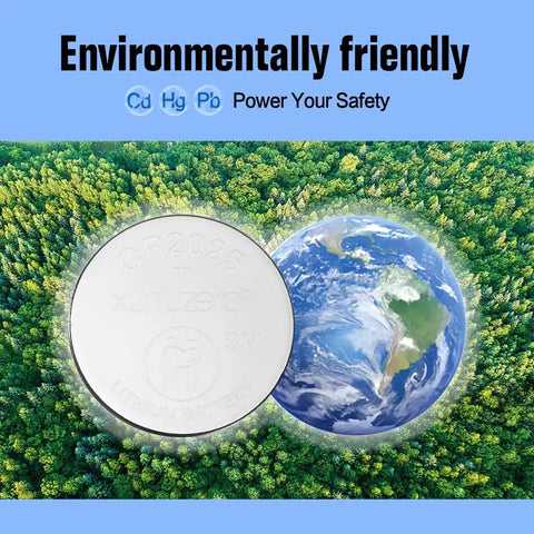 Hella Solid CR2025 3 Volt Coin Cell Batteries 12 Pack with earth background, showcasing environmentally friendly features.