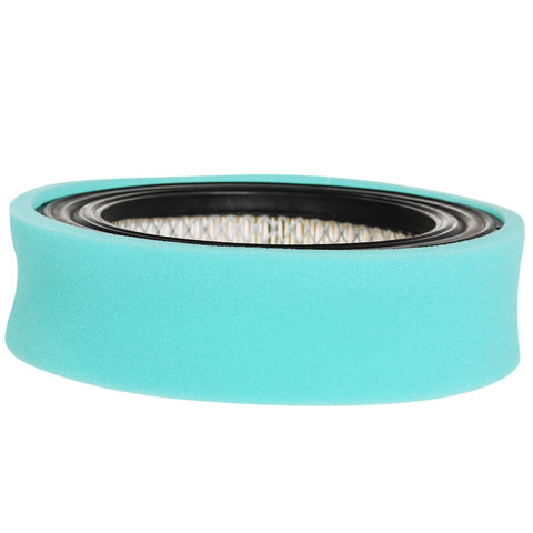 Close-up of round air filter cartridge with teal foam pre-cleaner for 16HP Vanguard engine, Pack Of Round Air Filter Cartridge And Pre Filter Replacement For Twin Cylinder OHV 16HP Vanguard Engine Durable Heavy Duty Premium Quality Filter For Lawn Mower And Outdoor Power Equipment Compatible With 358777 380447 381447 386777 540000 613000.