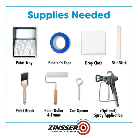 Supplies needed for using All Purpose Primer Sealer Stain Killer For Interior And Exterior Surfaces; paint tray, brush, roller, more.