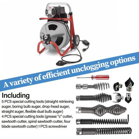Reliable Ten Piece Drain Snake Drill Attachment And Heavy Duty Spiral Auger Cutter Set For Five Eighth Inch Pipes with drill and tools.