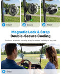 Golf Cart Misting Fan With 12000mAh Battery, Magnetic Mounts, Secure Strap, and 4 Speeds on golf cart support bar in use