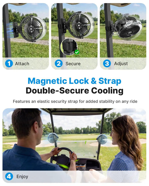 Golf Cart Misting Fan With 12000mAh Battery, Magnetic Mounts, Secure Strap, and 4 Speeds on golf cart support bar in use