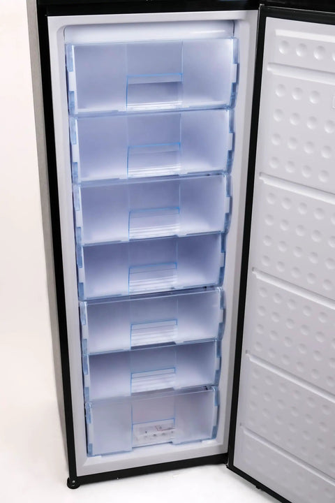 Spacious Upright Freezer Deep Freeze 11 Cubic Feet Stainless Steel Cabinet with pull-out drawer compartments for easy organization.