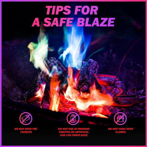 Colorful Fire Packets For Campfires And Fire Pits, Flame Color Changing Powder, 25 Packets creating vibrant blue and red flames.