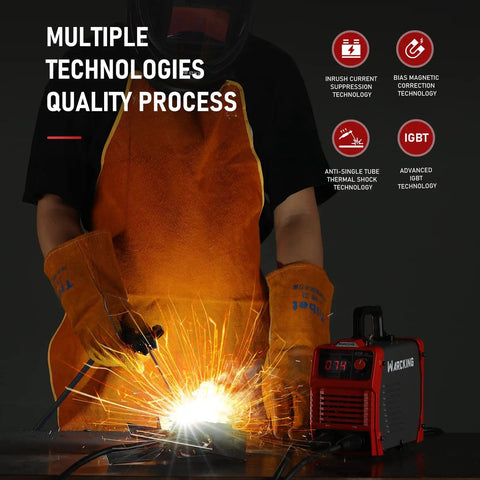 Person welding with Beast Dual Voltage 140A Digital Stick Welder With 110 220V IGBT Inverter Arc Welder, sparks visible.