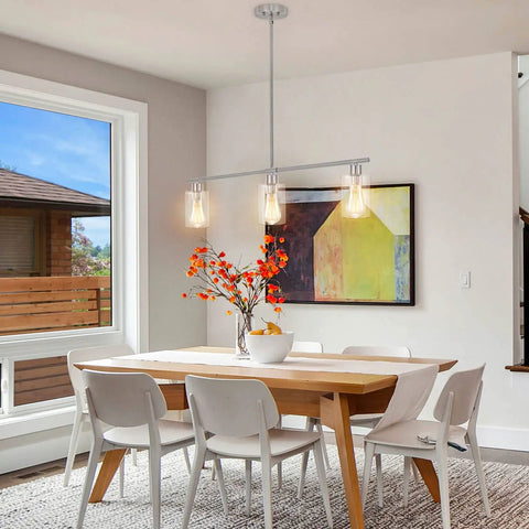 Brushed Nickel Glass Pendant Lighting Over Island Three Light Modern Kitchen Pendant With Glass Shade in dining room