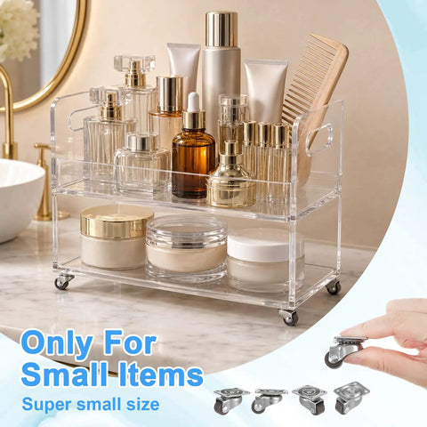 Sweet Ride 8 Pack Mini Caster Wheels Half Inch Self Adhesive Low Profile Ultra Lightweight Smooth Rollers on organizer holding skincare items.