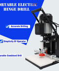 HQHAOTWU portable electric hinge drill with adjustable depth, black/silver metal frame and white base.