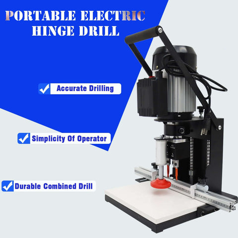 HQHAOTWU portable electric hinge drill with adjustable depth, black/silver metal frame and white base.