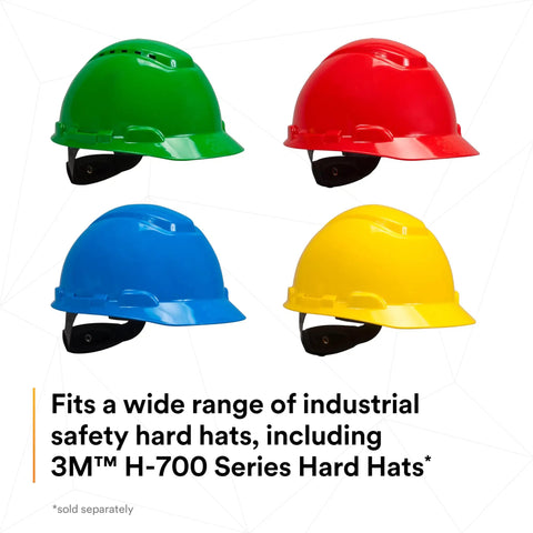 Cap Style Ear Muffs With Hard Hat Clip On X2P3E attached to colorful hard hats for construction manufacturing use