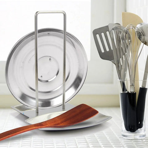 Heavy Duty Stainless Steel Pot Lid Holder And Integrated Spoon Rest Multipurpose Kitchen Utensil Caddy with wooden spoon