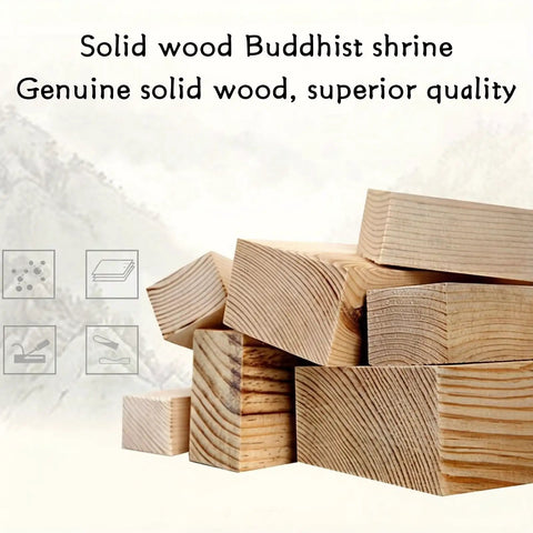 Wall Mounted Buddha Altar Shelf With Lotus Carving And Metal Brackets For Home Meditation, solid wood material close-up
